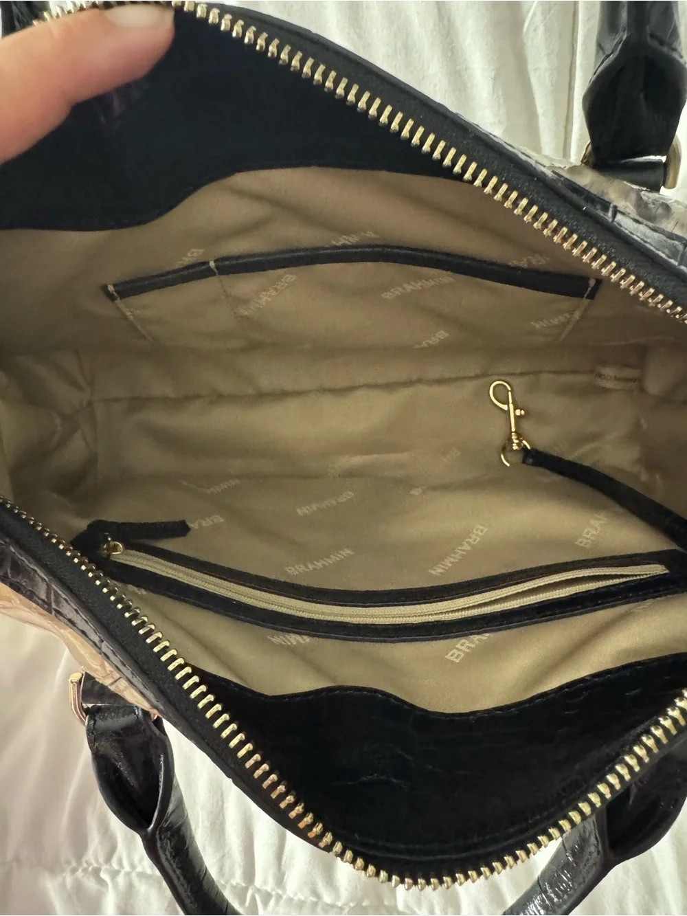 Brahmin Python-Embossed Satchel in Cream and Black